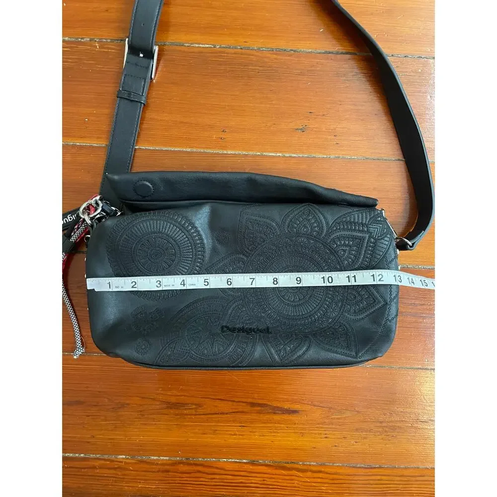 Desigual Black Embossed Mandala Chain Crossbody Shoulder Bag Tassel Boho